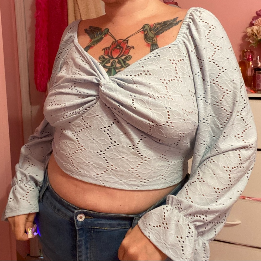 Mint green blue eyelet cottagecore crop top